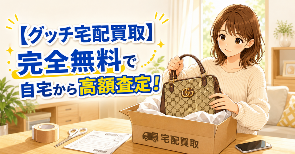 グッチのバッグを宅配買取で箱に詰めて自宅から高額査定に出す女性のイラスト