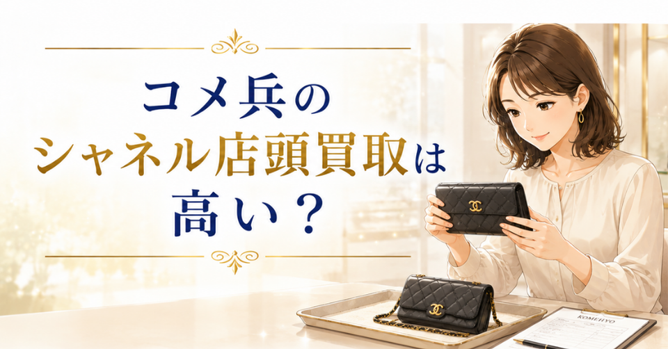コメ兵のシャネル店頭買取は高いのか、女性がシャネルの財布とバッグを確認しているアイキャッチ画像