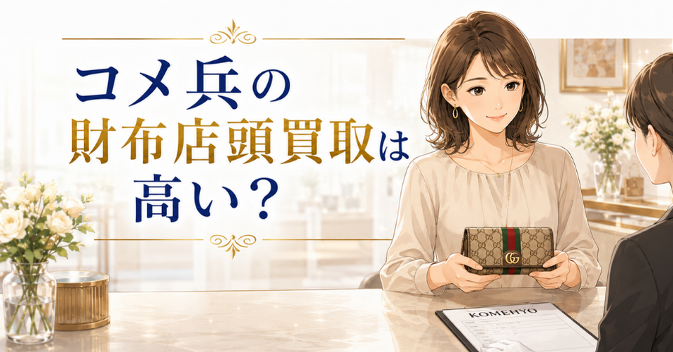 コメ兵の財布店頭買取は高いのか、女性がブランド財布を持って店頭査定を受ける場面の画像