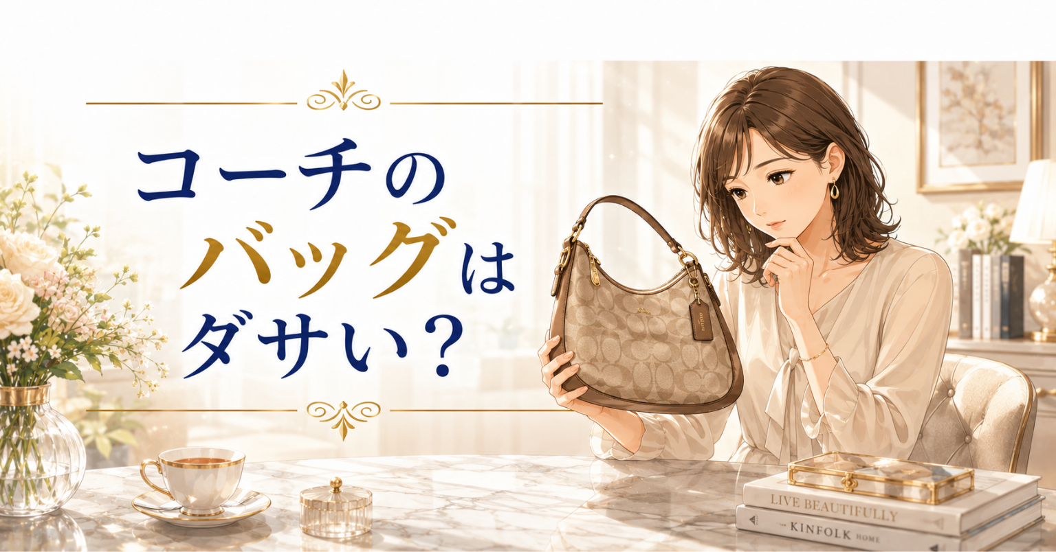 コーチ風のシグネチャー柄バッグを持ち、ダサいか考える女性のアイキャッチ画像