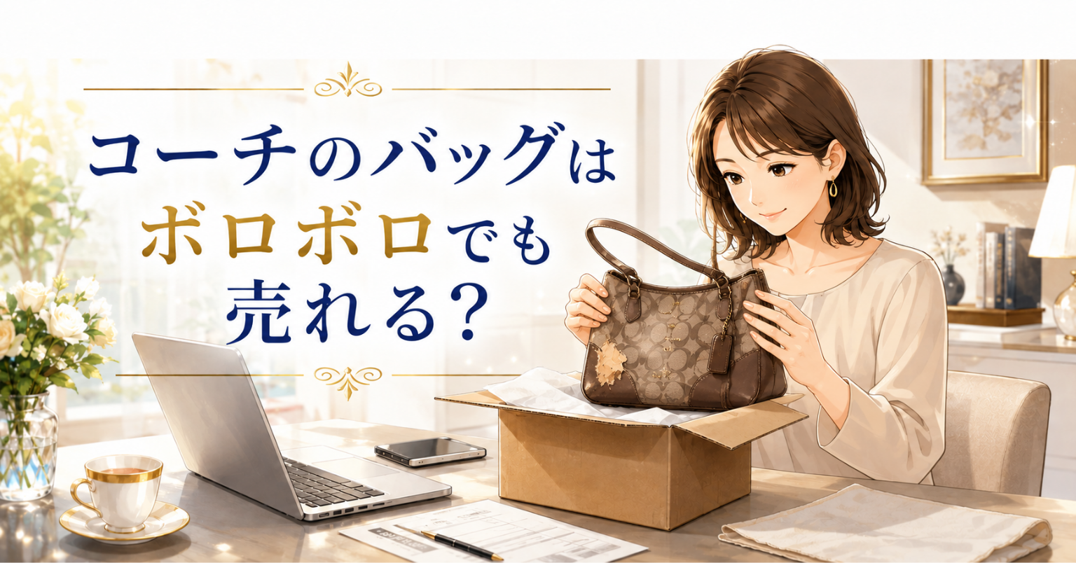 傷や汚れのあるコーチバッグを確認しながら宅配買取に出す女性のアイキャッチ画像