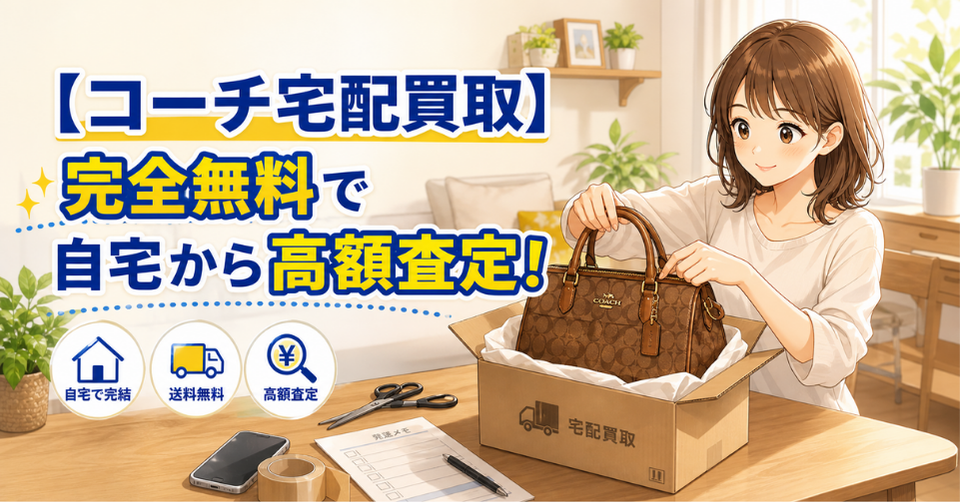 コーチのバッグを宅配買取で箱に詰めて自宅から高額査定に出す女性のイラスト