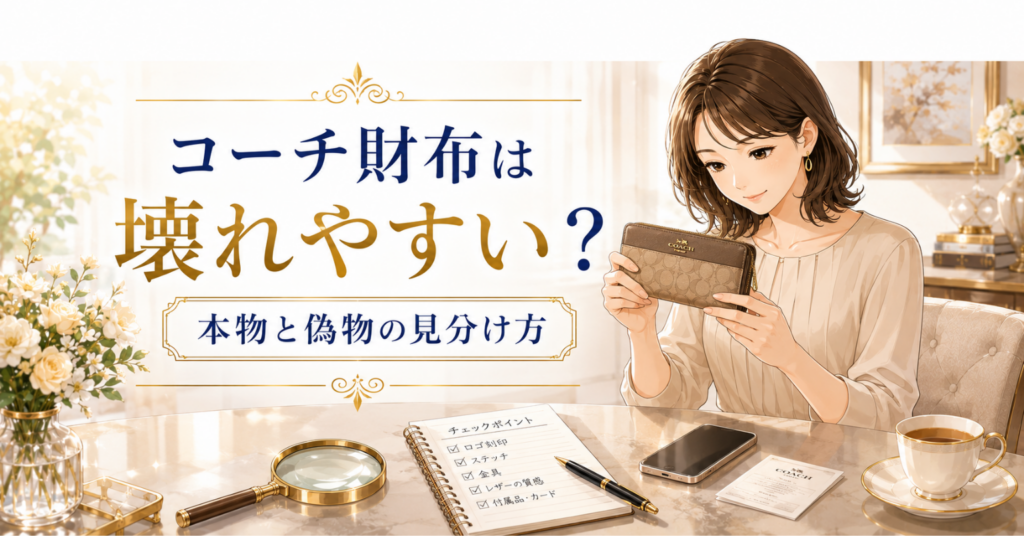 コーチの財布を手に取り、ロゴや縫製を確認する女性のアイキャッチ画像