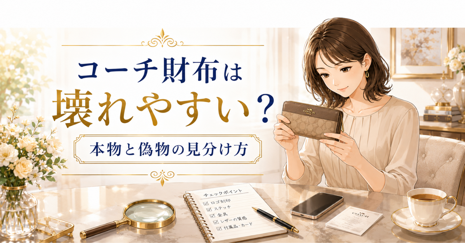 コーチの財布を手に取り、ロゴや縫製を確認する女性のアイキャッチ画像