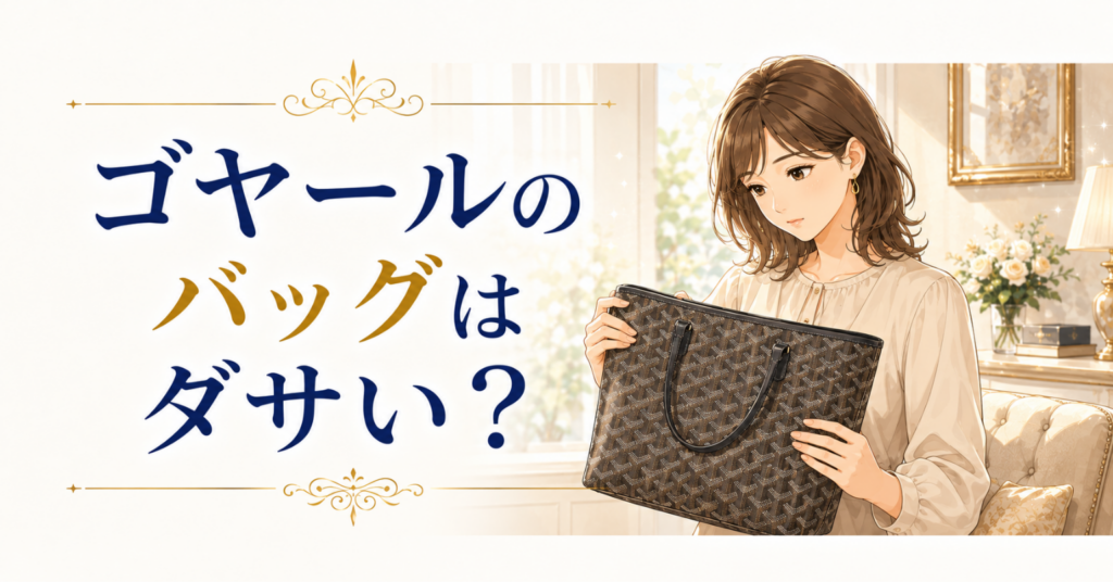ゴヤール風の柄バッグを手に取り、デザインがダサいか考える女性のアイキャッチ画像