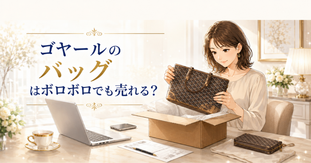 傷や汚れのあるゴヤールバッグを宅配買取に出す女性のアイキャッチ画像