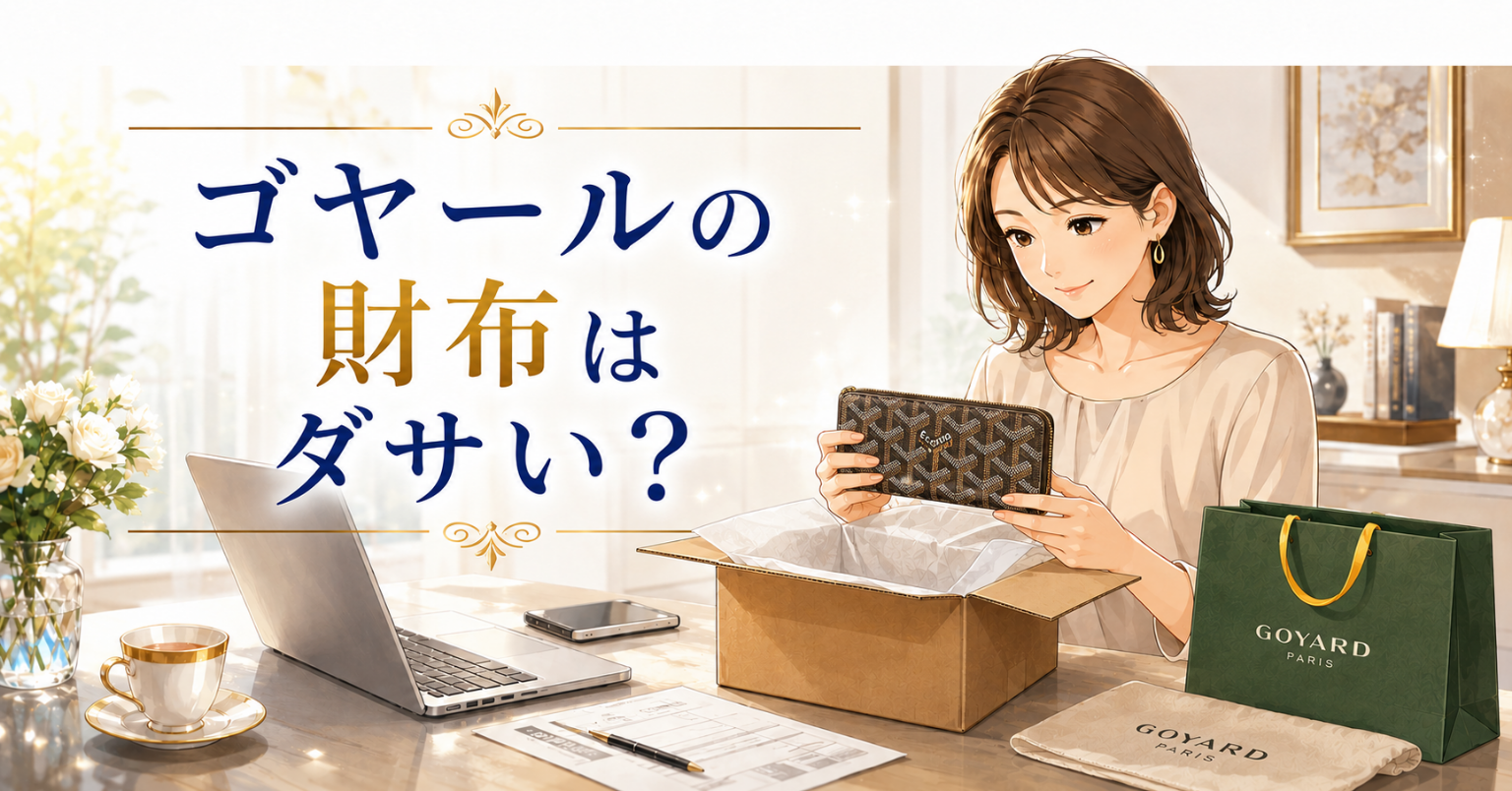 ゴヤールの財布はダサいのか気になり、柄入りの財布を手に取る女性のイラスト