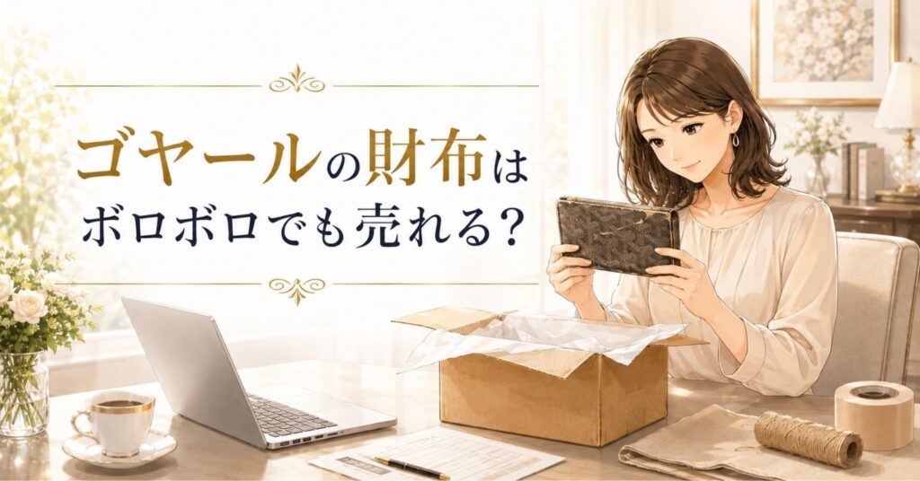 ゴヤール風の財布を女性が宅配買取に出す前に確認しているアイキャッチ画像
