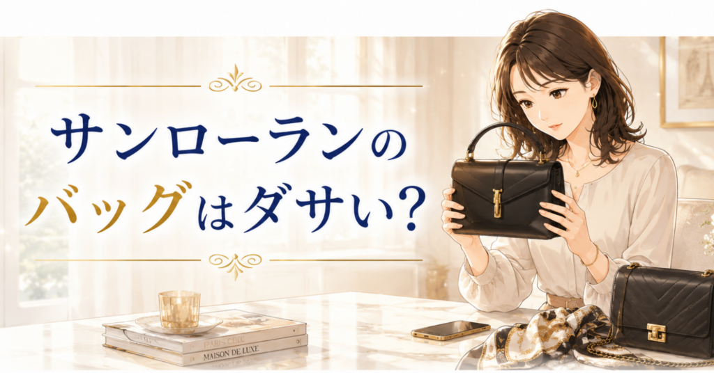 サンローランのバッグはダサい？という文字と、黒いバッグを見ながら悩む女性のアイキャッチ画像