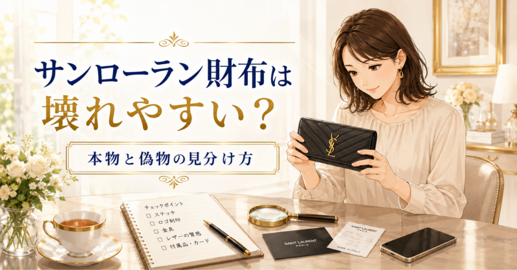 サンローランの財布を見ながら真贋ポイントを確認する女性のアイキャッチ画像