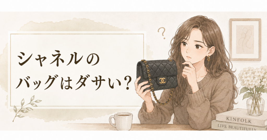 シャネル風の黒いキルティングバッグを手に取り、ダサいか悩む女性のアイキャッチ画像