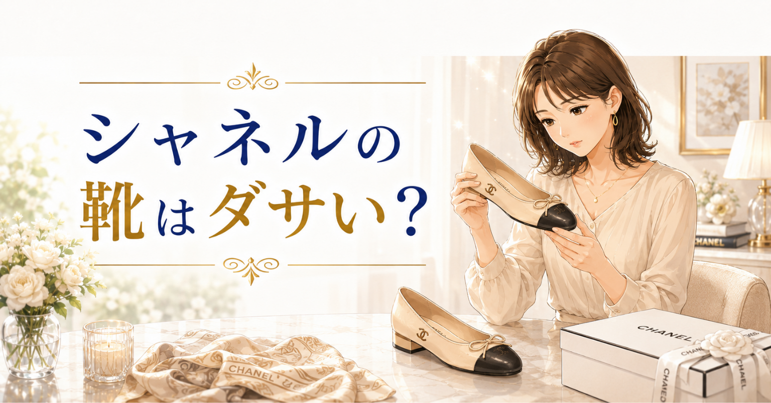 シャネルの靴はダサい？という文字と、バイカラーのパンプスを手に取り確認する女性のアイキャッチ画像