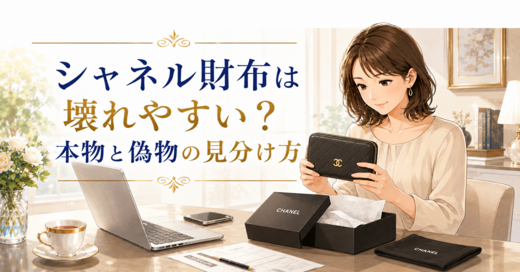 シャネルの財布を手に取り、キルティングやロゴを確認する女性のアイキャッチ画像