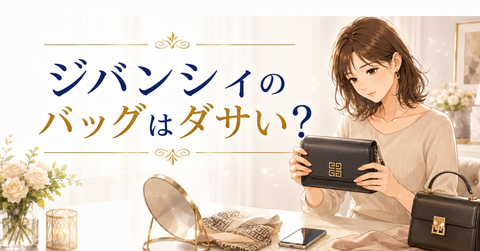 ジバンシィのバッグはダサい？という文字と、黒いバッグを見ながら悩む女性のアイキャッチ画像