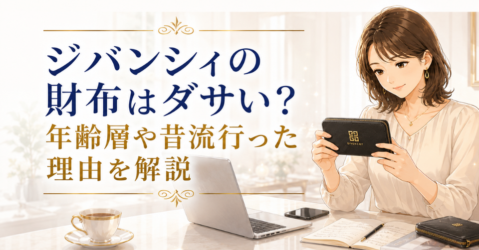 ジバンシィの財布はダサいのか、女性が財布を見ながら年齢層や昔流行った理由を調べている画像