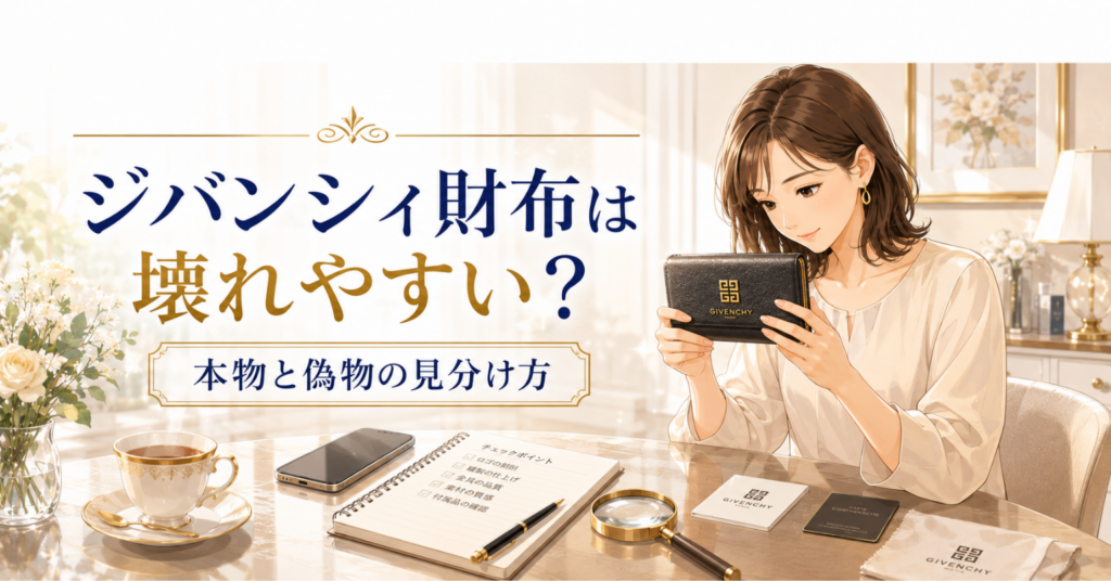 ジバンシィの財布を手に取り、本物と偽物の見分け方を確認する女性のアイキャッチ画像