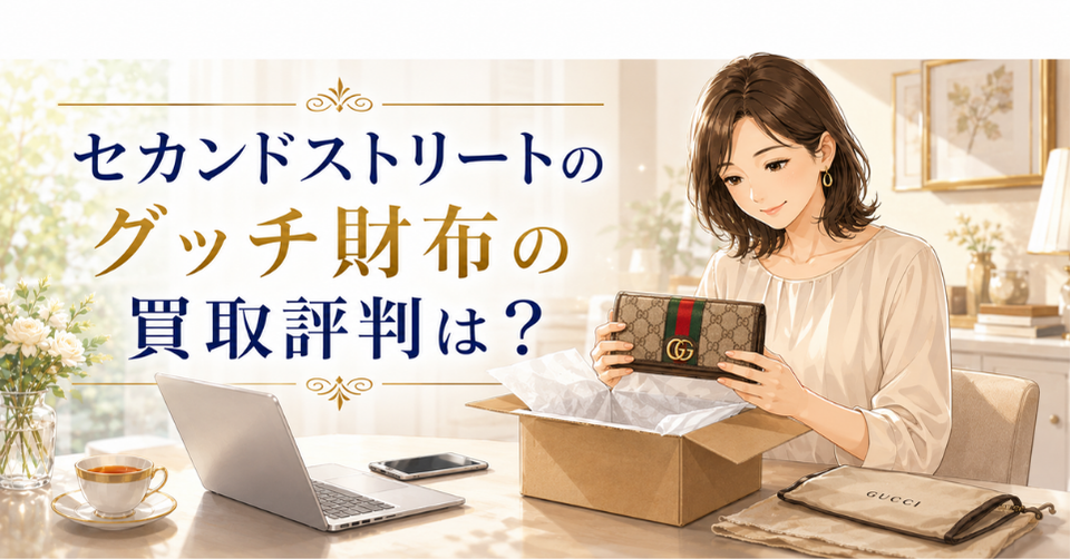 セカンドストリートのグッチ財布買取評判を解説する記事のアイキャッチ画像。女性がグッチの財布を査定前に確認している様子