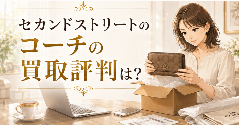 セカンドストリートのコーチ買取評判は?コーチの財布を確認しながら宅配買取を検討する女性のアイキャッチ画像