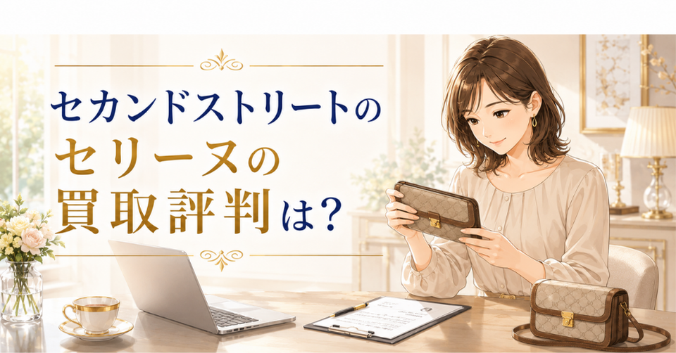 セカンドストリートのセリーヌ買取評判について、女性がバッグを確認しているアイキャッチ画像