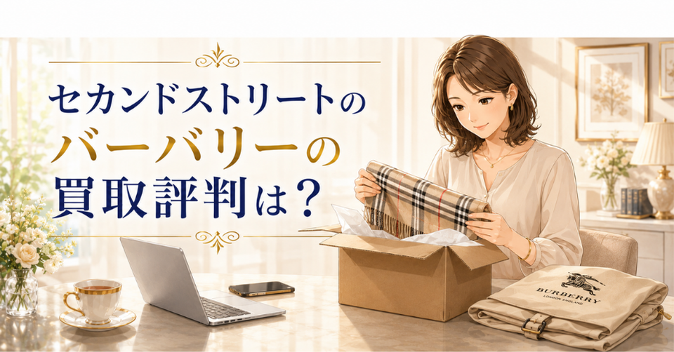 セカンドストリートのバーバリー買取評判を解説する記事のアイキャッチ画像。女性がバーバリーのマフラーを査定に出す準備をしている様子