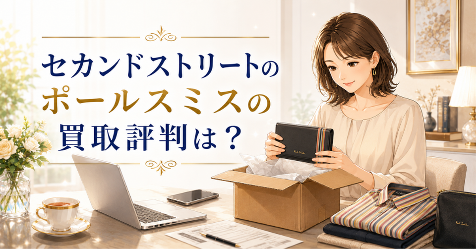 セカンドストリートのポールスミス買取評判を解説する記事のアイキャッチ画像。女性がポールスミスの財布や洋服を査定前に確認している様子