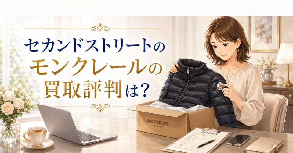 セカンドストリートのモンクレール買取評判について、女性がダウンジャケットを確認しているアイキャッチ画像