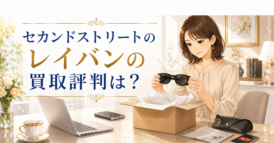 セカンドストリートのレイバン買取評判を解説する記事のアイキャッチ画像。女性がレイバンのサングラスを査定前に確認している様子