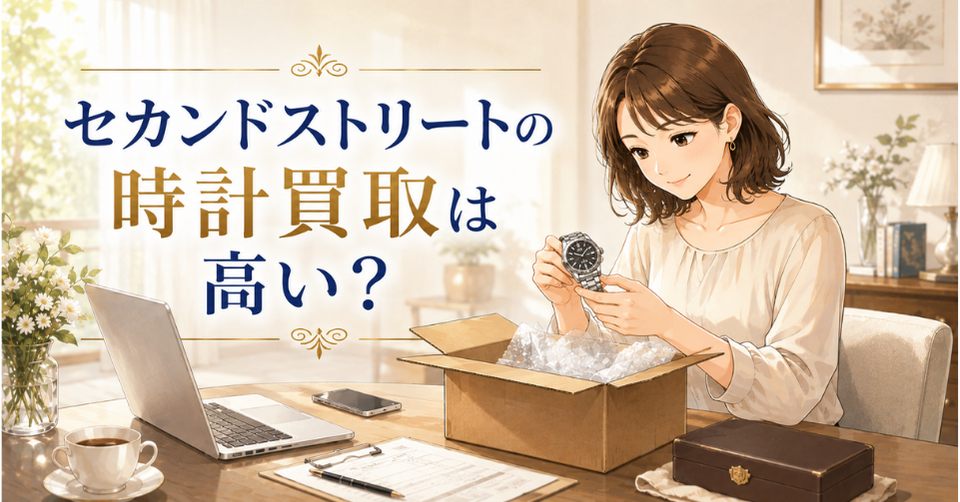 セカンドストリートの時計買取を利用する前に高級腕時計をチェックする女性のイラスト