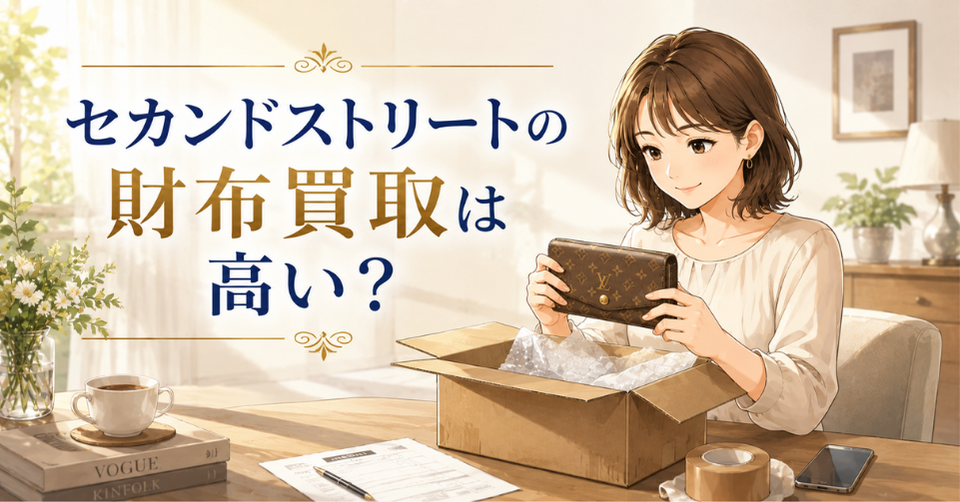 セカンドストリートの財布買取を検討しながらブランド財布を手にする女性のイラスト