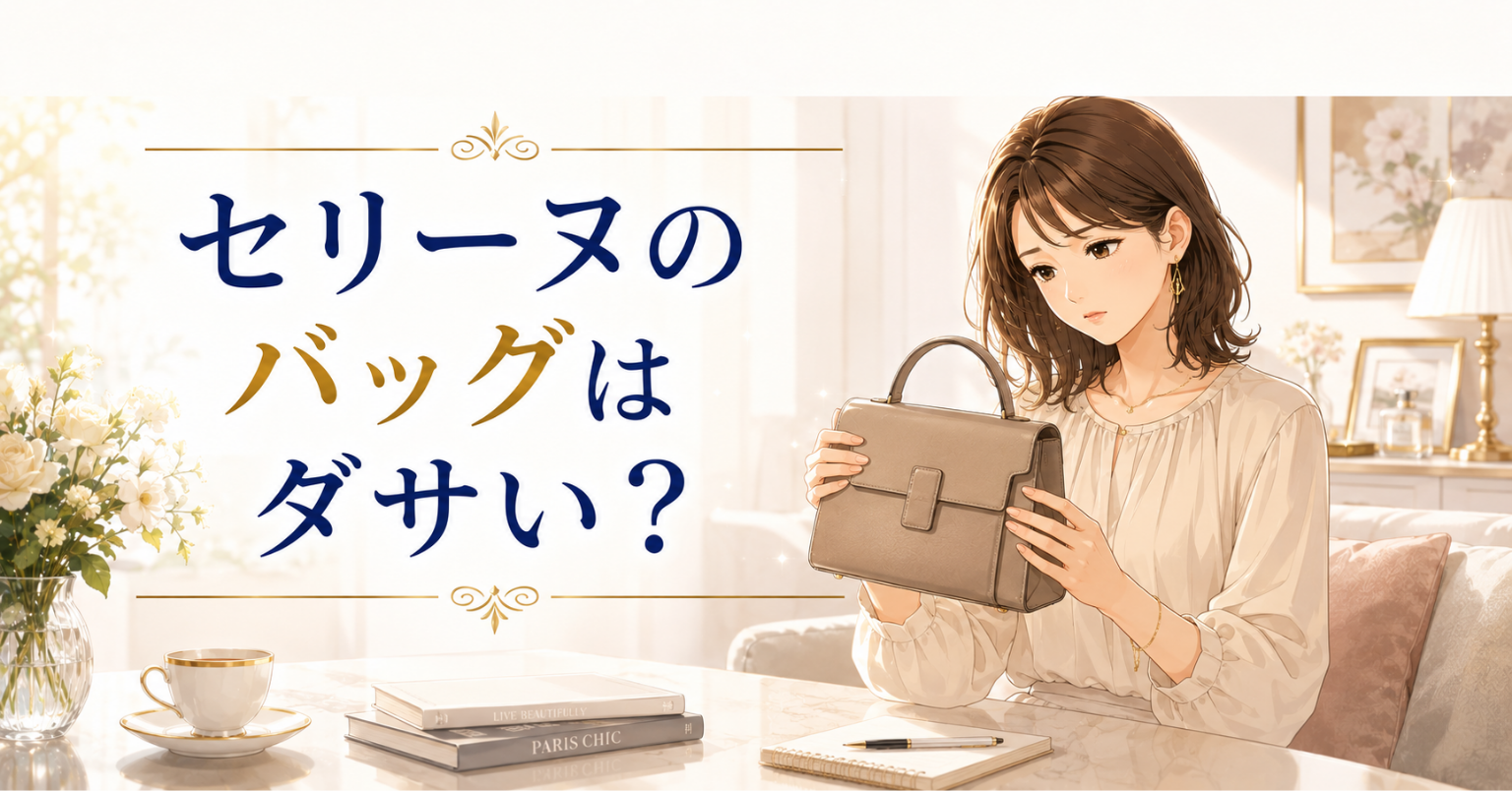 セリーヌ風の上品なバッグを持ちながら、ダサいか悩む女性のアイキャッチ画像