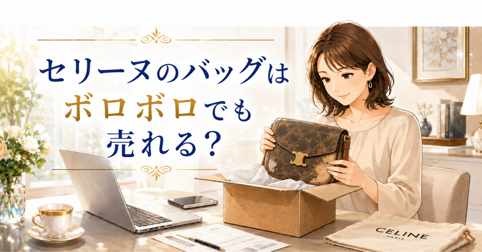 ボロボロのセリーヌバッグを確認しながら宅配買取に出す女性のアイキャッチ画像