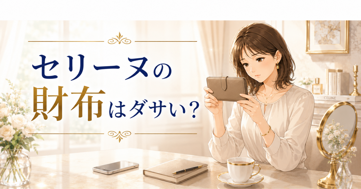 セリーヌの財布はダサいのか悩みながら、シンプルな財布を見つめる女性のイラスト