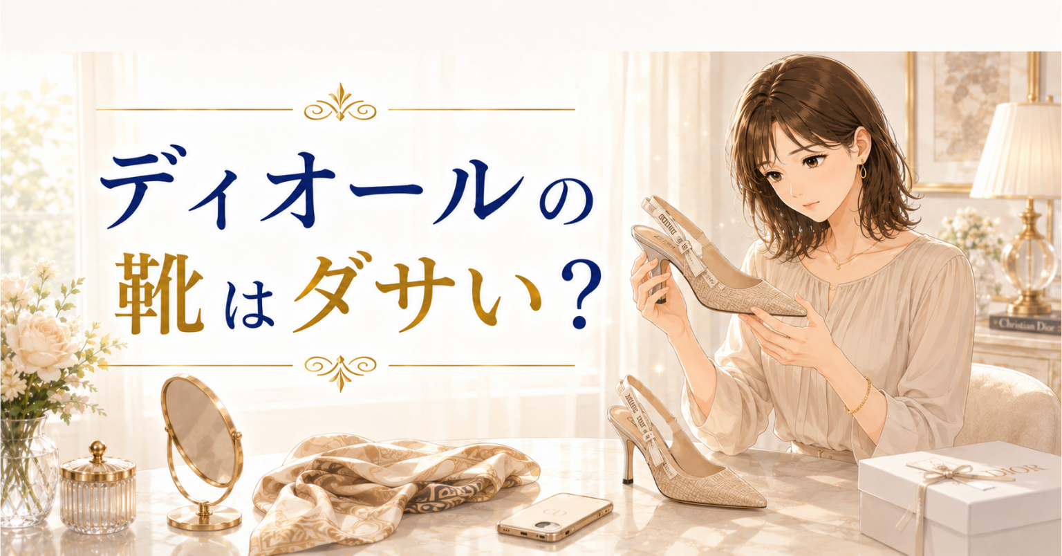 ディオールの靴はダサい？という文字と、ベージュのパンプスを手に取ってデザインを確認する女性のアイキャッチ画像