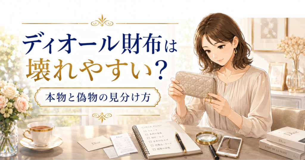 ディオールの財布を手に取り、ステッチや金具を確認する女性のアイキャッチ画像