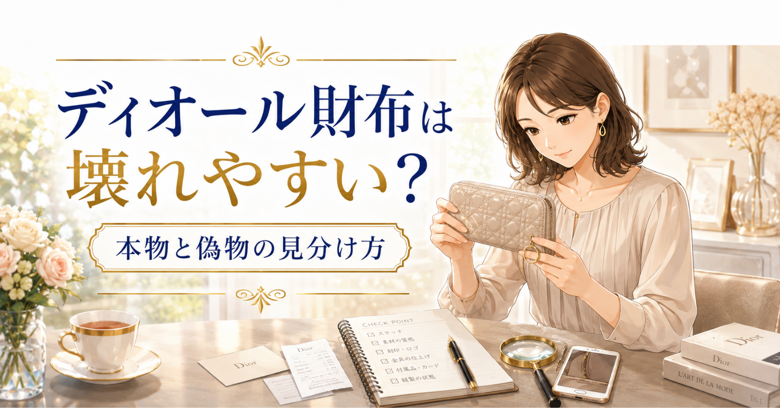 ディオールの財布を手に取り、ステッチや金具を確認する女性のアイキャッチ画像