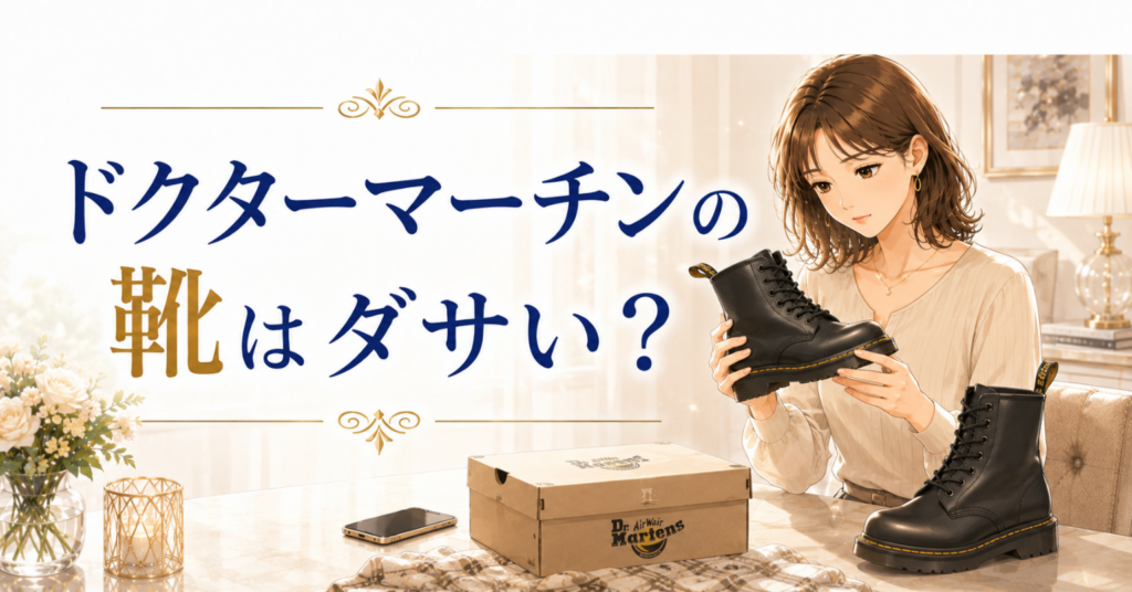 ドクターマーチンの靴はダサい？という文字と、黒いブーツを手に取って確認する女性のアイキャッチ画像