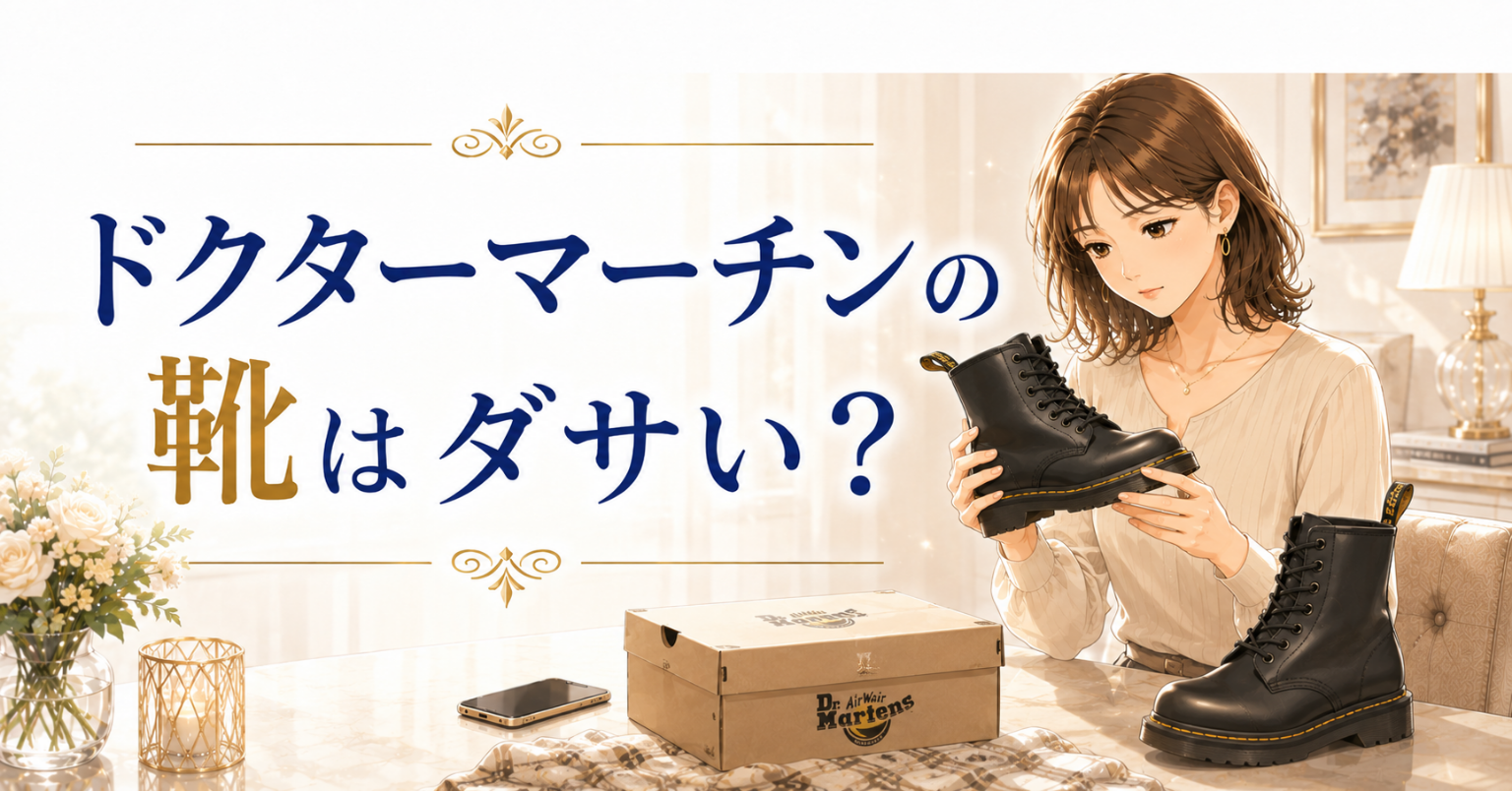 ドクターマーチンの靴はダサい？という文字と、黒いブーツを手に取って確認する女性のアイキャッチ画像