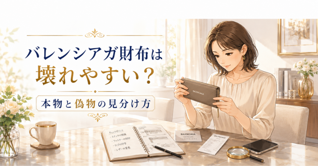 バレンシアガの財布を手に取り、本物と偽物の見分け方を確認する女性のアイキャッチ画像
