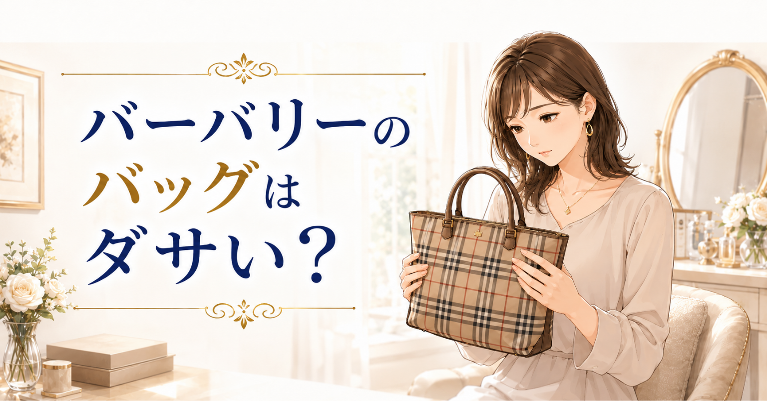 バーバリーのチェック柄バッグを手に取り、ダサいか悩む女性のアイキャッチ画像