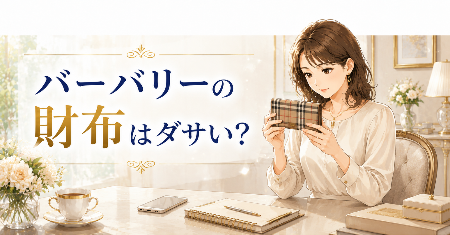 バーバリーの財布はダサいのか悩みながら、チェック柄の財布を手に取る女性のイラスト