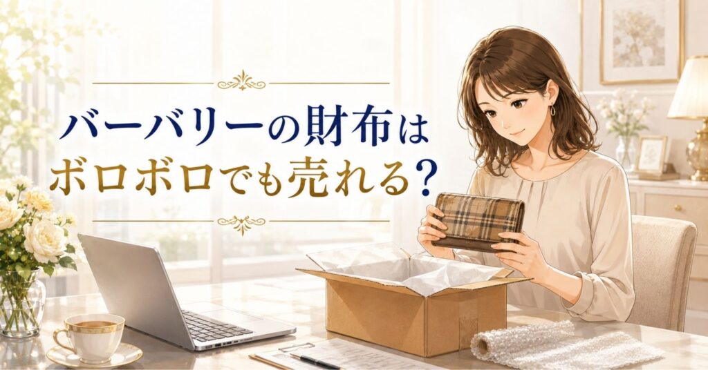ボロボロになったバーバリー風チェック柄の財布を女性が査定前に確認しているアイキャッチ画像