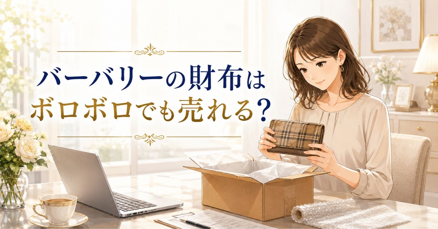 ボロボロになったバーバリー風チェック柄の財布を女性が査定前に確認しているアイキャッチ画像