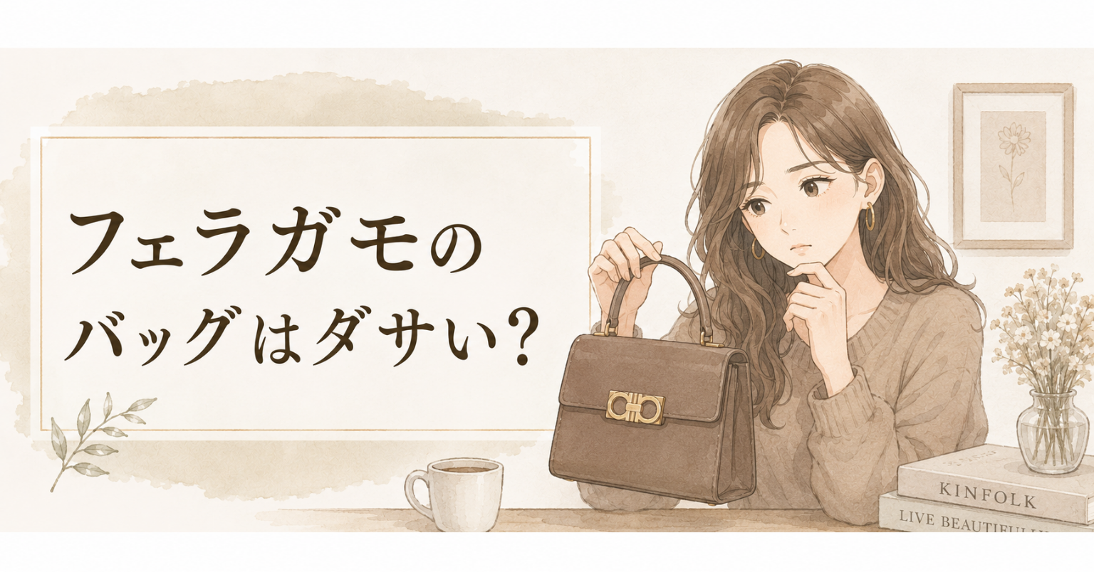 フェラガモ風の上品なバッグを見ながら、ダサいか考える女性のアイキャッチ画像