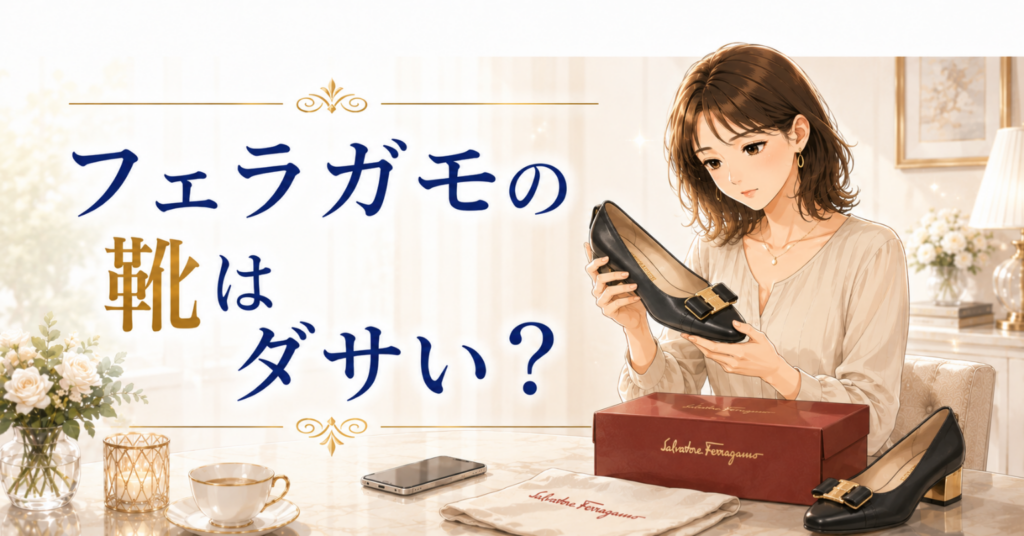 フェラガモの靴はダサい？という文字と、黒いパンプスを見ながら悩む女性のアイキャッチ画像