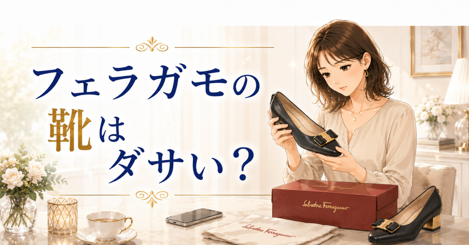 フェラガモの靴はダサい？という文字と、黒いパンプスを見ながら悩む女性のアイキャッチ画像