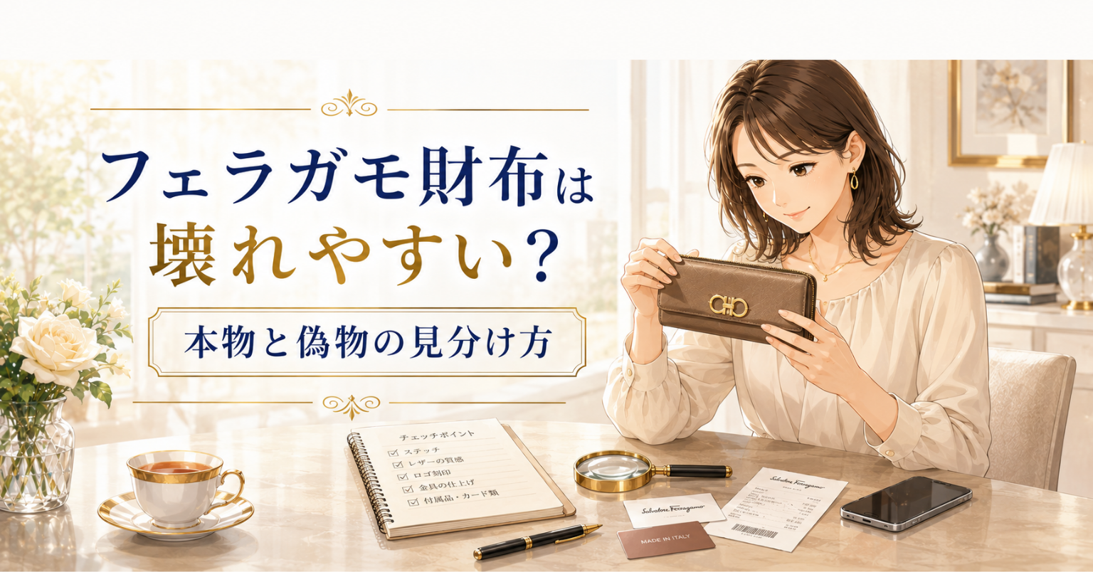 フェラガモの財布を手に取り、本物と偽物の違いを確認する女性のアイキャッチ画像