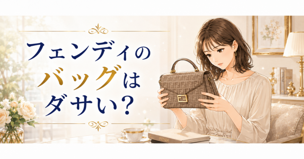 フェンディ風のロゴ柄バッグを持ち、ダサいか悩む女性のアイキャッチ画像