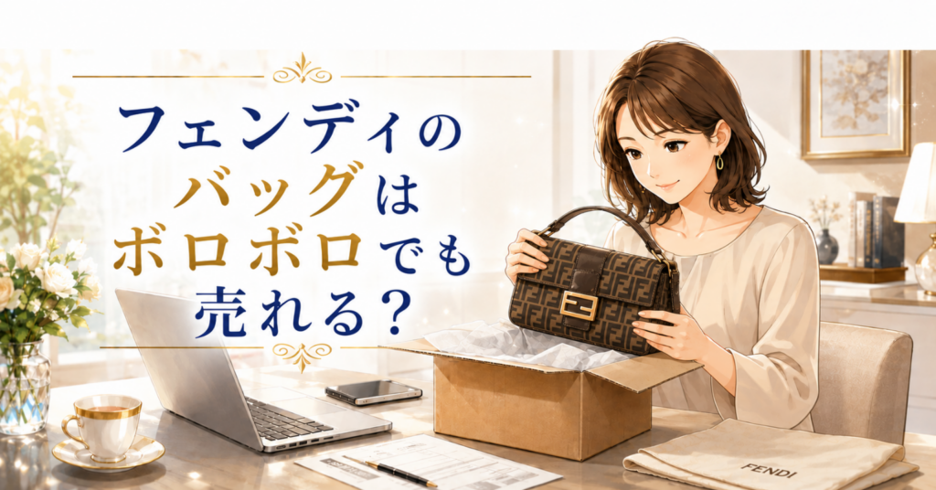 傷や汚れのあるフェンディバッグを箱に入れて宅配買取に出す女性のアイキャッチ画像