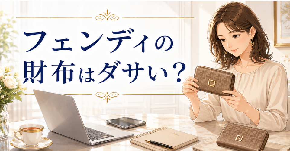 フェンディの財布がダサいか気になり、女性がロゴ柄の財布を手に取りデザインや印象を確認しているアイキャッチ画像