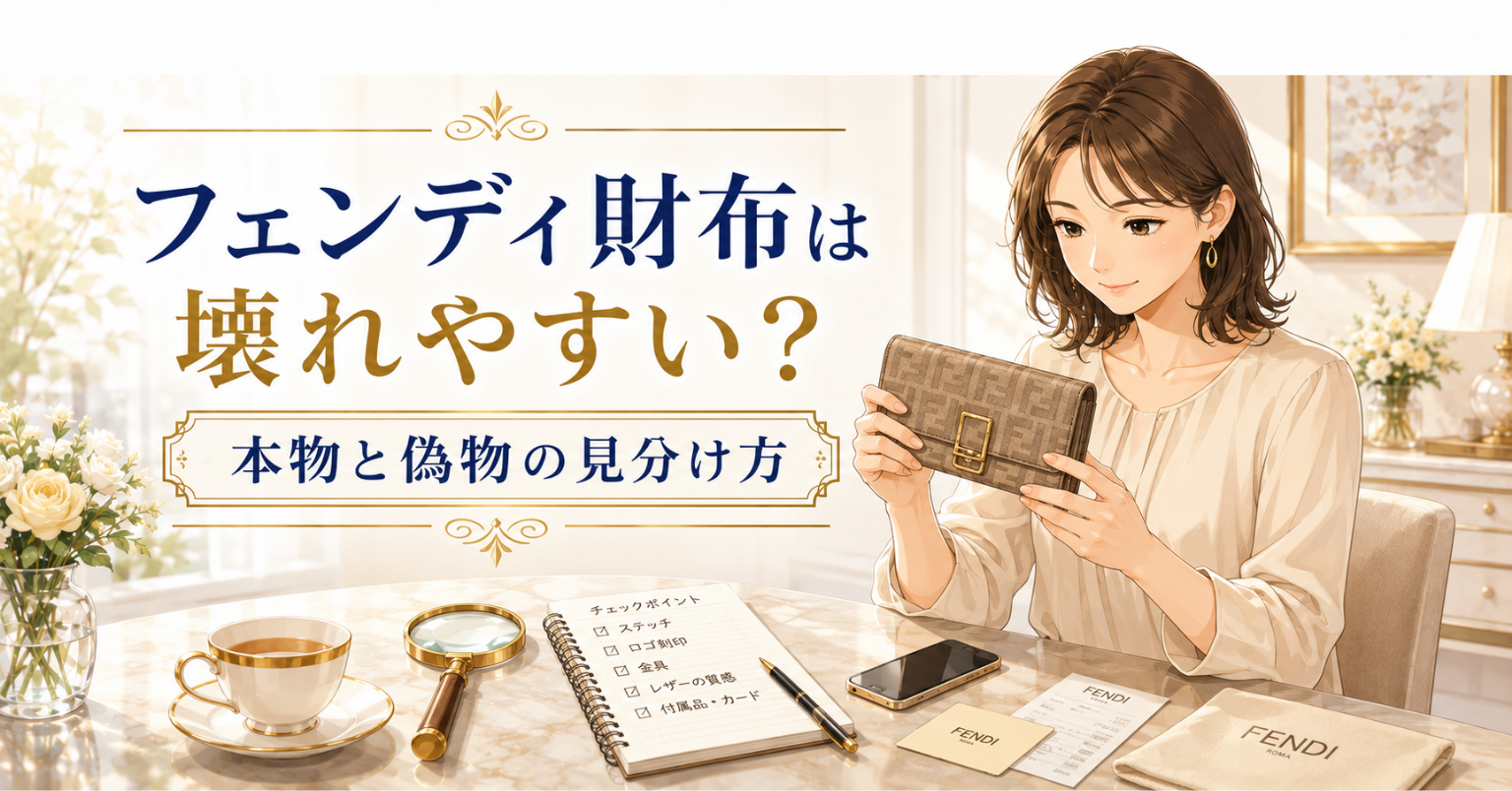 フェンディの財布を手に取り、ロゴや金具を確認する女性のアイキャッチ画像